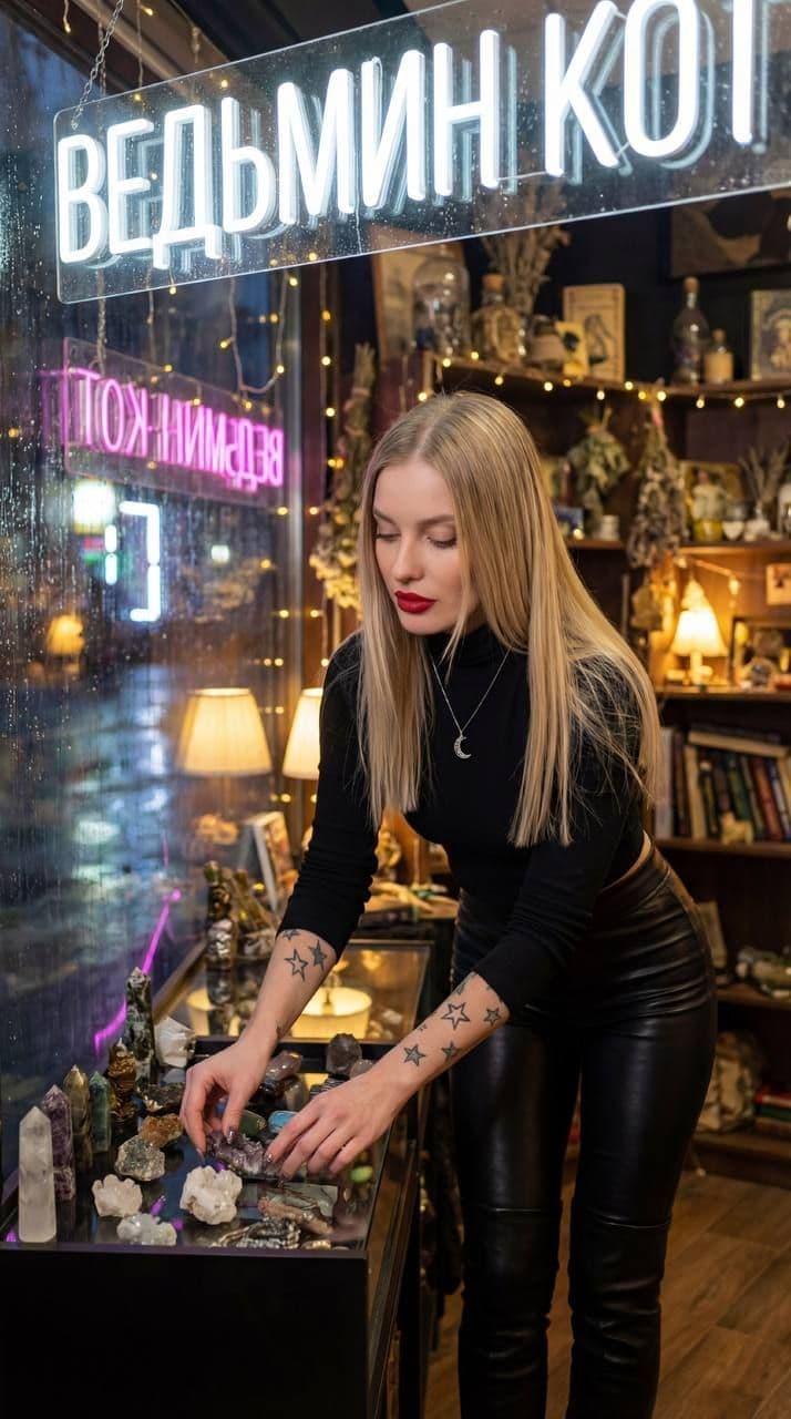 A modern witch fixes a shop window