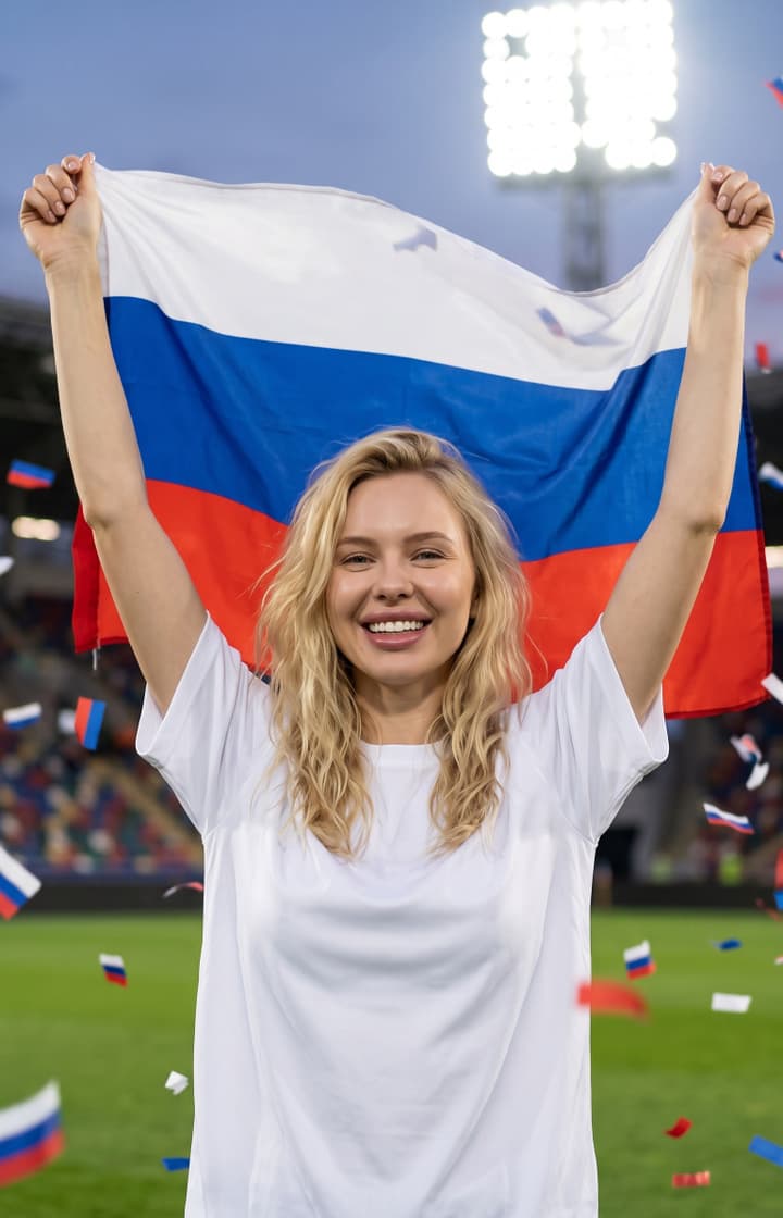 Пример результата шаблона Победное фото с флагом страны на стадионе
