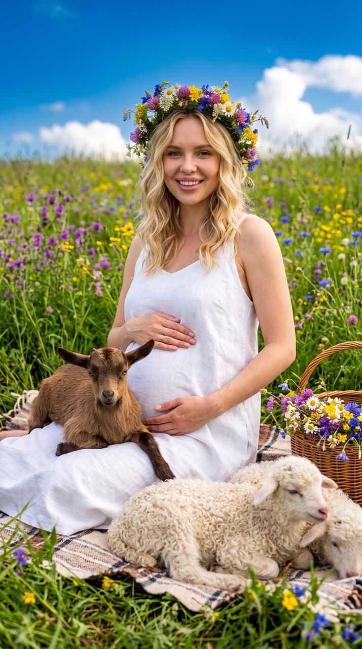 Пример результата шаблона Луговой maternity-портрет с козлёнком и ягнятами