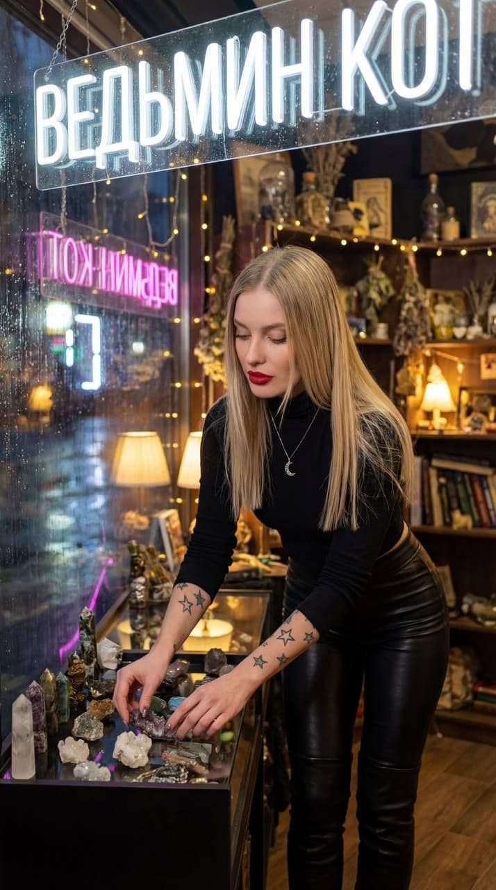 Пример результата шаблона A modern witch fixes a shop window