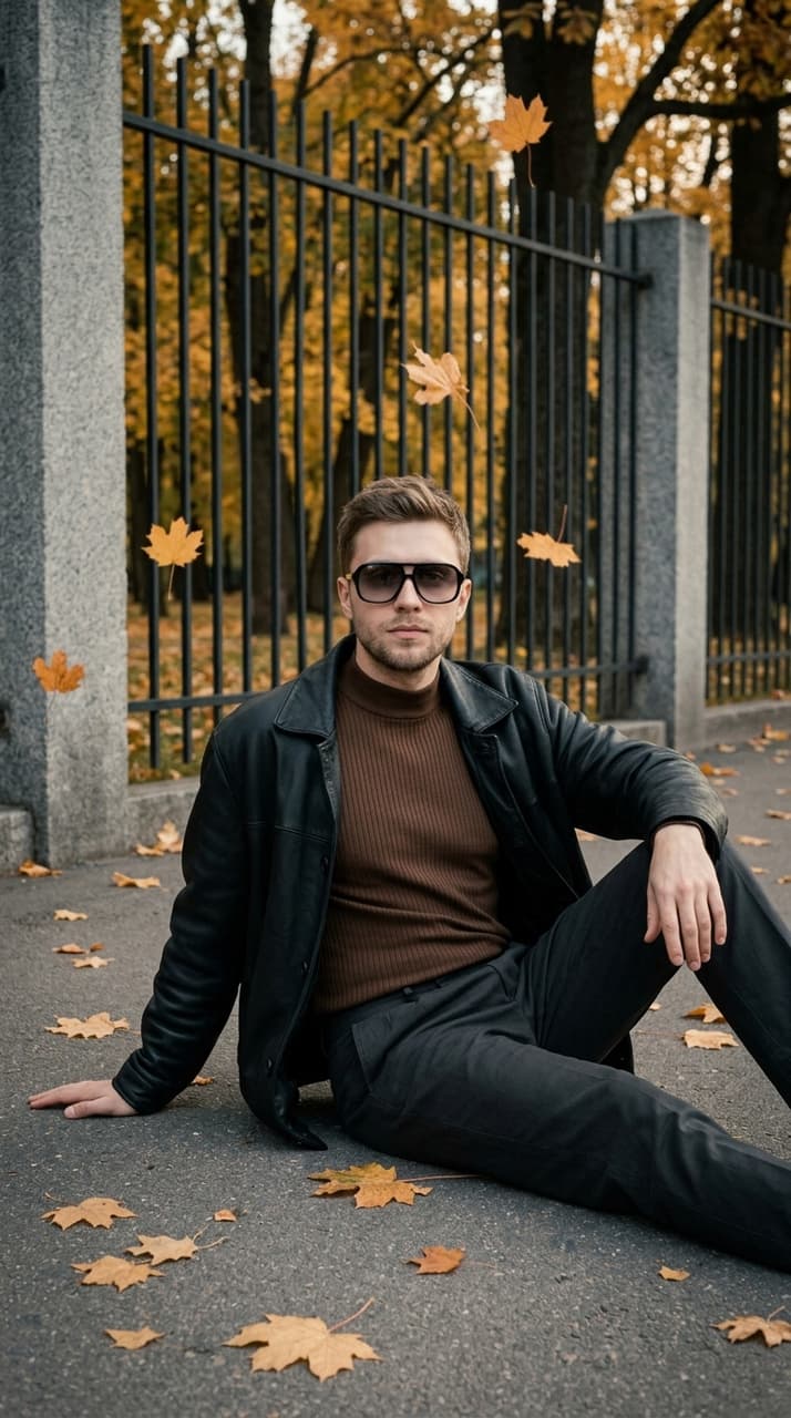 Пример результата шаблона Кинематографичный кадр на тротуаре: кожаная куртка, очки и осенний забор