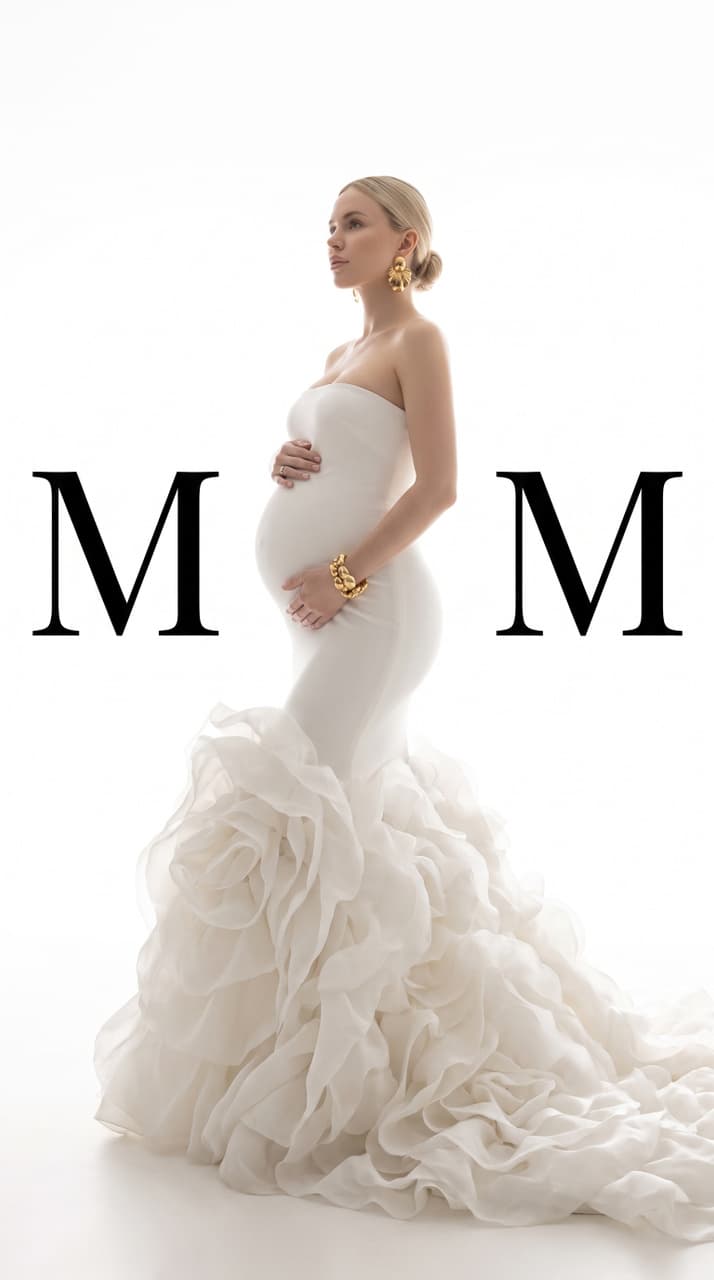 Пример результата шаблона Фото беременной в белом платье со словом MOM